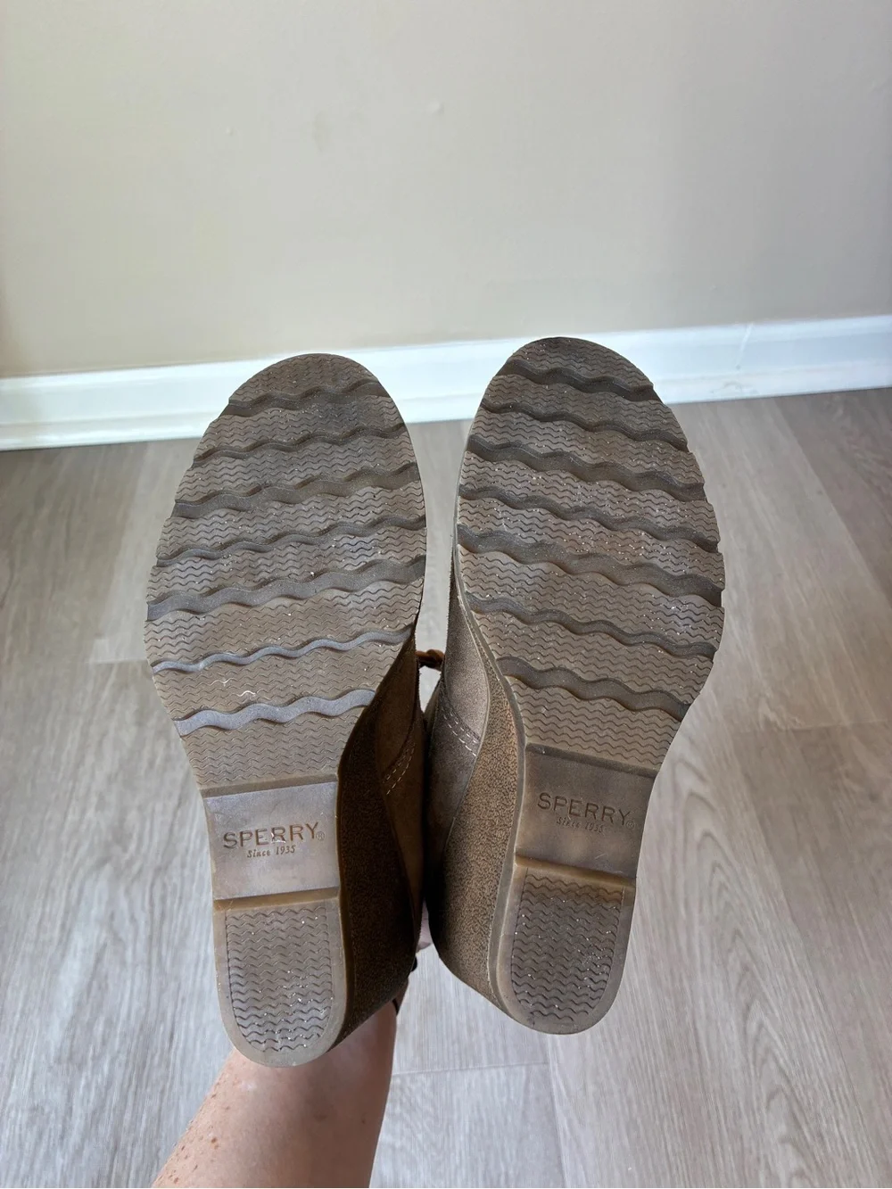 Sperry Stella Prow Taupe Suede Leather Wedge Ankle Booties